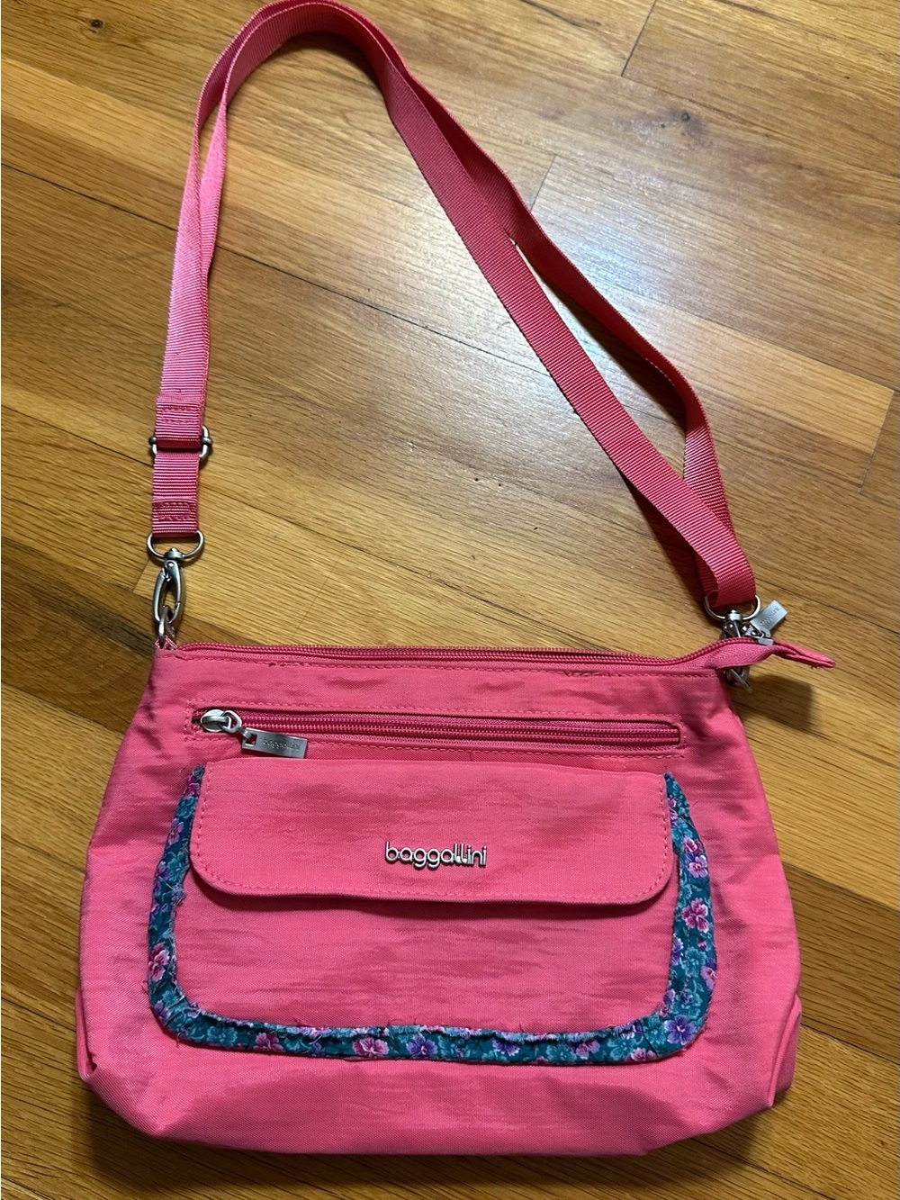 Baggallini Pink Crossbody with Floral Trim